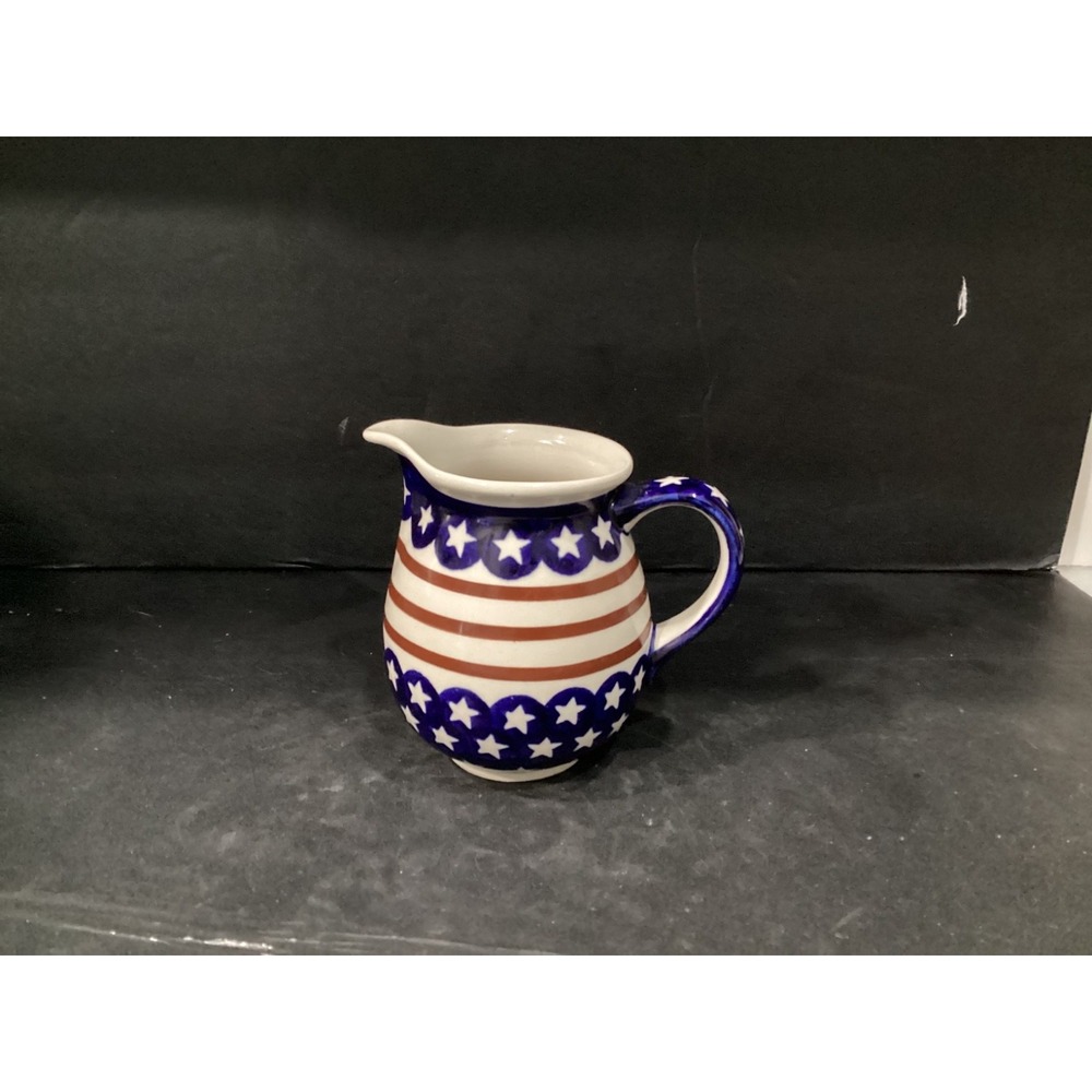 Boleslawiec Polish Pottery Pitcher Creamer Hand Made Poland Stars Stripes